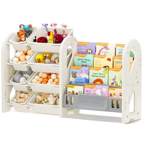 SUGIFT Kids Toy Organizer and Bookshelf, 2-in-1 Storage Shelf with 9 Bins & 4 Book Slots, BPA-Free Plastic for Nursery & Playroom