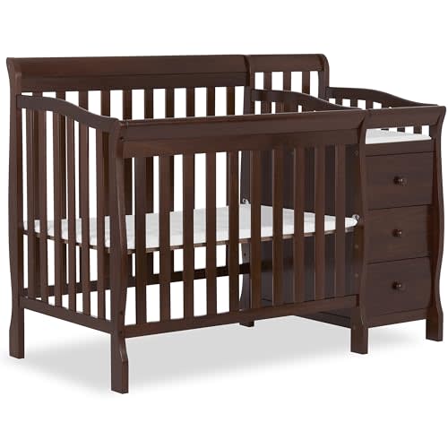 Dream On Me Jayden 4-in-1 Convertible Mini Baby Crib with 3 Drawer Changer | Converts to Daybed & Twin Size Bed, Wooden Crib with Mattress, 3 Adjustable Heights, GREENGUARD Gold & BSA Verified, Espresso