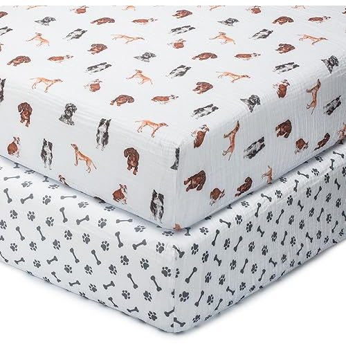LollyBanks Muslin Crib Sheets 2 Pack, 100% Cotton Baby Crib Sheets for Boys and Girls, Soft and Breathable Neutral Baby Fitted Sheet for Standard 52"x28" Mattress, Registry (Dogs and Paws Design)