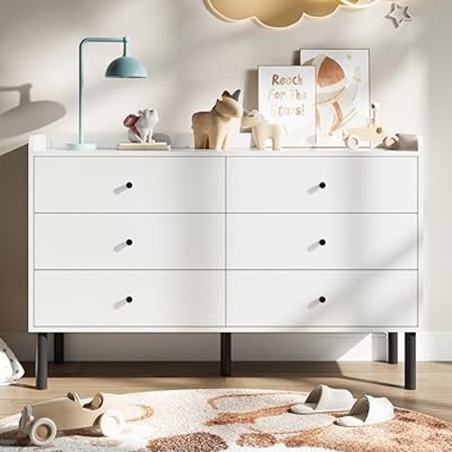 White Kids Dresser for Bedroom, 6 Drawers Dresser with Golden Handles, Modern Baby Chest for Nursery, Hallway, Entryway