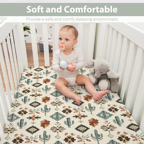 Tribal Cactus Totem Baby Crib Sheets for Boy Girl 28"x52" Vintage Cactus Soft Stretchy Fitted Crib Mattress Covers Western Cactus Nursery Baby Sheets for Standard Crib and Toddler Bed Mattress