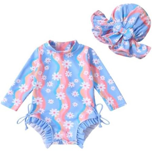 Infant Baby Girl Swimsuit One-Piece Long Sleeve Rash Guard with Hat Set Floral Zipper Bathing Suit Leopard Beach Wear