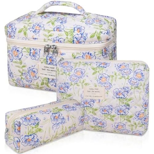 3PC Makeup Bag Set, Quilted Makeup Bag, Large Floral Cosmetic Bag for Women, Cute Cotton Makeup Bags, Flower Travel Toiletry Organizer Bag (light blue)