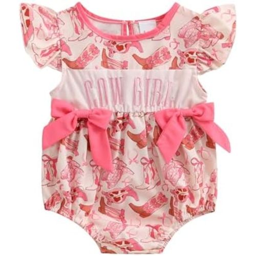 Western Baby Girl Outfit Cowgirl Smocked Bubble Romper Flutter Sleeve Bodysuit Cute Bow Onesie Newborn Summer Clothes