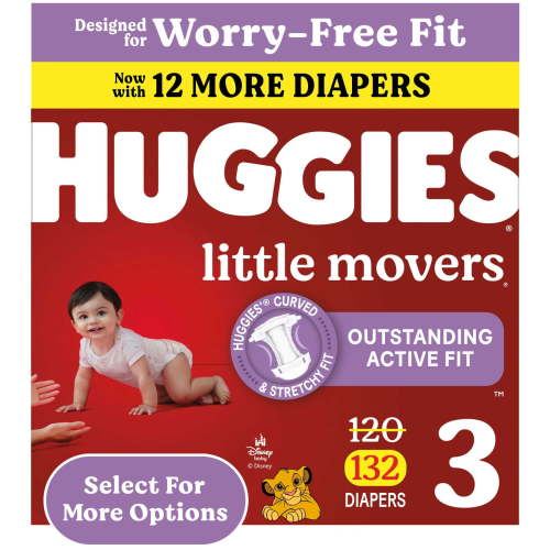Huggies Little Movers Baby Diapers, Size 3 (16-28 lbs), 132 Count (Select for More)