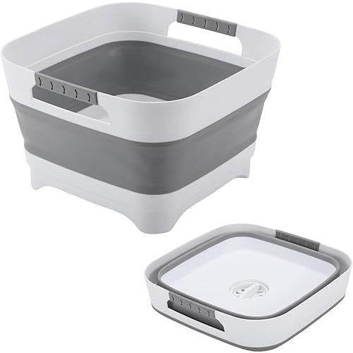 2.4 Gal Collapsbile Wash Basin with Drian Plug,9L Dish Pan for Soaking Baby Bottles,Portable Sink, Multiuse Foldable Bucket,Dish Tub, Ice Beverage Tubs for Camping, Vegetable Washing, RV Sink