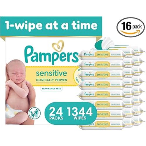 Pampers Sensitive Baby Wipes, Clinically Proven, Fragrance Free, Unscented, Water Based, Hypoallergenic, Multi-Use, Hand Wipes 1344 Wipes Total (24X Flip-Top Packs) [Packaging May Vary]