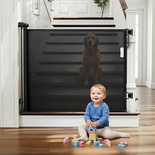 Retractable Baby Gate for Stairs - Black Baby Gate 55 inches Wide 34 inch Tall, Mesh Retractable Dog Gate for doorways, Hallways, Deck, Outdoor, Indoor, Kitchen, & Porch - Drill Installation