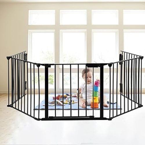 SOSPIRO 118inch Extra Wide Black Baby Gate with Door, Metal Long Baby Fence, Tall Pet Dog Gates for House Stairs Doorways,10ft Child Safety Fence Fireplace Christmas Tree,Indoor Outdoor, 5-Panel