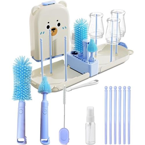 Blue Travel Bottle Cleaner Kit with Drying Rack – 6-in-1 Baby Bottle Washer & Silicone Brush Set for Pump Parts, Nipples & Straws – Portable Baby Travel Essential in Compact Case