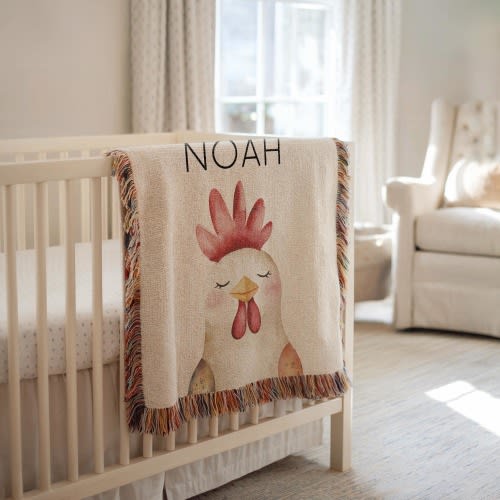Personalized Rooster Baby Blanket, Farm Animal Crib Throw with Name, Custom Baby Shower Gift, Chicken Nursery Decor, Barnyard Baby Blanket