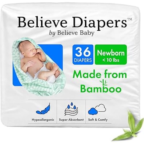 Believe Diapers Size Newborn (<10Lbs) Viscose Bamboo Diapers 36 Count – Natural Baby Diaper, Chemical Free and Fragrance Free Natural Diaper for Sensitive Skin, Super Absorbent with Leak Protection