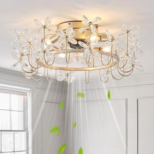 23" Gold Crystal Flush Mount Ceiling Fan with Light, Gold Flower Ceiling Fan with Light Remote Control, Mid Century 6 Speeds for Bedroom, Foyer, Living Room, Nursery