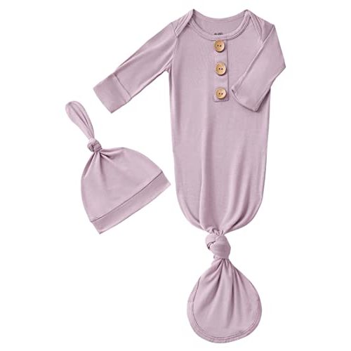 Newborn Baby Boys Girls Knotted Gown Hat Set Soft Bamboo Viscose Infant Sleeper Baby Sleep Gown with Mittens