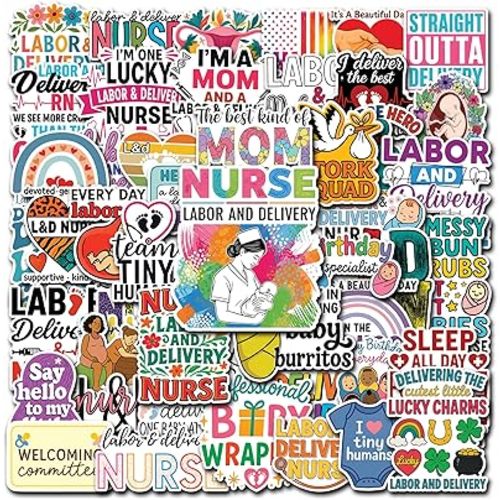 50 Pcs Labor and Delivery Nurse Stickers L&D Nursing Vinyl Decal Healthcare Sticker Laptop Water Bottle Tablet Phone Notebook Locker Cabinet Headphone Luggage Gifts for Nurses Students