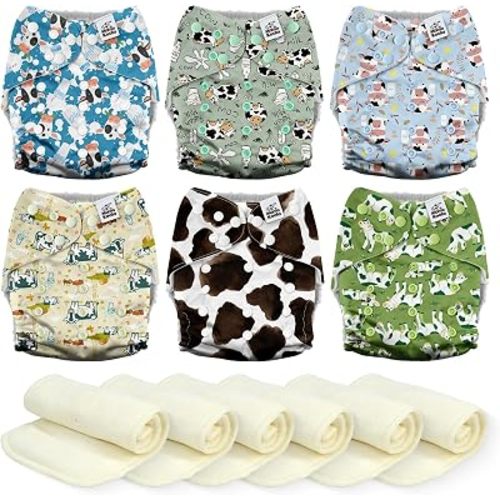 Mama Koala 6 Pack Reusable Cloth Diapers 3.0 for Babies Girls Newborn, One-Size Adjustable Baby Diaper, Durable Stitching, Back Opening for Inserts, Breathable Awj Lining, Leak Prevention-Happy Moo