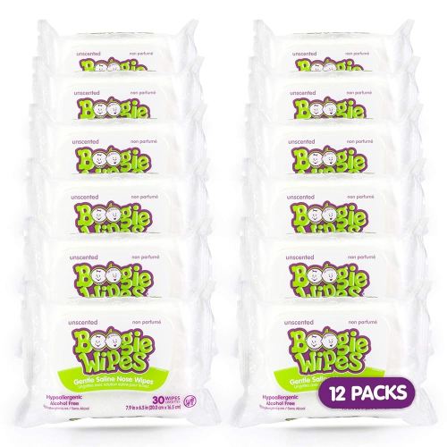 Saline Nose Wipes by Boogie, for Baby & Kids, Face, Hand & Body, FSA/HSA Eligible, Made with Vitamin E, Aloe, and Natural Saline, Unscented, 30 Count (Pack of 12)
