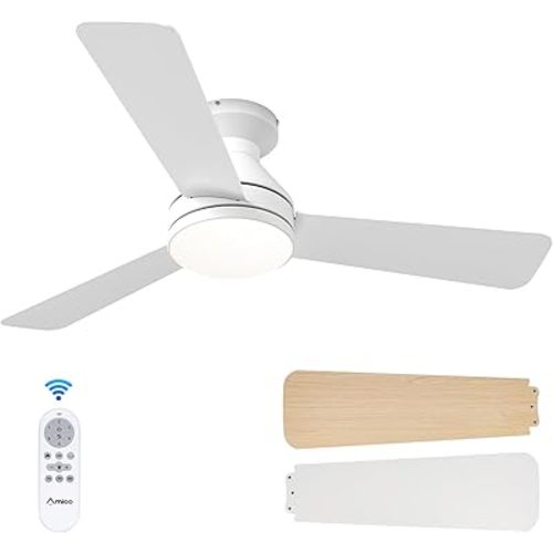 Amico Ceiling Fans with Lights, 42 inch Low Profile Ceiling Fan with Light and Remote Control, Flush Mount, Reversible, 3CCT, Dimmable, Noiseless, White Ceiling Fan for Bedroom, Indoor/Outdoor Use