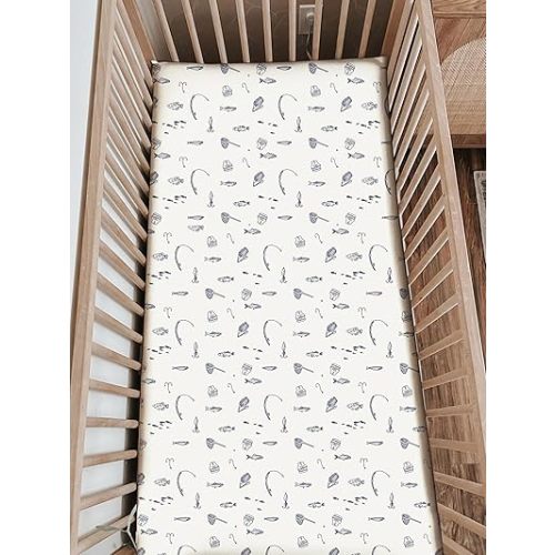 GUNAMUNA Unisex Baby Crib Sheets, Soft Calming Colors, One Size Fits Most Cribs, Fishing