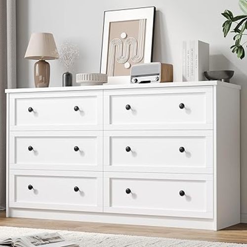 CHUWELL White Dresser for Bedroom, 55.1" Wide Dressers & Chests of Drawers with Large Capacity Storage, 6 Drawer Dresser for Bedroom