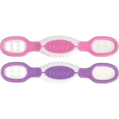 Nuby Dip & Scoop Spoons - (2-Pack) Baby Led Weaning Spoons for Babies - 6+ Months - Purple and Pink