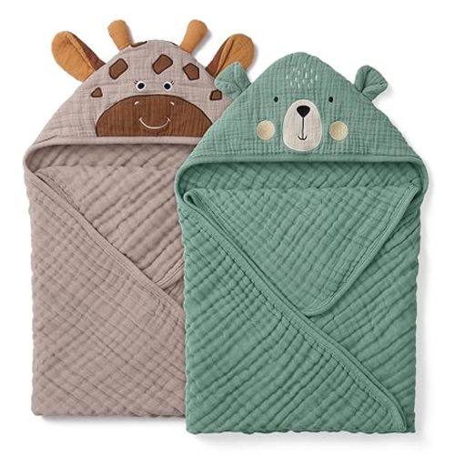 Blissful Diary Muslin Baby Hooded Towel 2 Pack, Soft & Absorbent Bath Towel for Infant, Toddler, Unisex, Baby Gift, Newborn Essentials, Bear & Giraffe