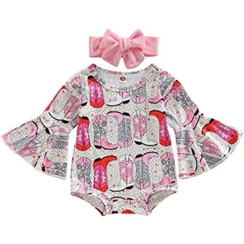 Kayotuas Baby Girl Romper Bell Sleeve Onesie Floral Cow Print Bodysuit Jumpsuit with Headband Infant Western Cowgirl Outfit
