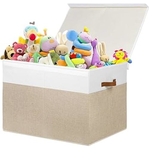 Large Toy Storage Box with Lid, Sturdy Toys Storage Chest Bin Organizer Basket with Dividers for Kids, Boys, Girls, Nursery, Closet, Bedroom, Playroom 26"x17" x17" (Beige and White)