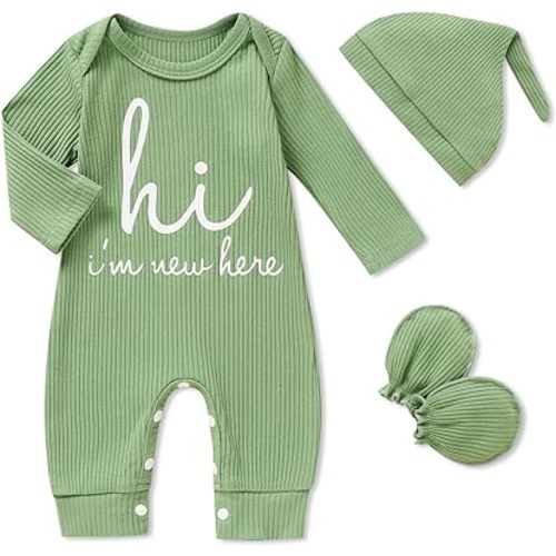 GRNSHTS Newborn Baby Boy Romper Coming Home Outfits Letter Print Bodysuit Jumpsuit+Hat+Gloves 3PCS Clothes Set