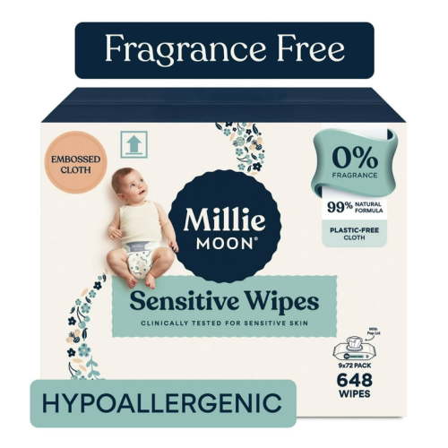 Millie Moon Sensitive Baby Wipes, Fragrance-Free, Dermatologist-Tested, 9 Pack, 648 Total Wipes