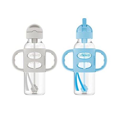 Dr. Brown's Milestones Narrow Sippy Straw Bottle, Spill-Proof with 100% Silicone Handles and Weighted Straw, 8 oz/250 mL, Gray & Blue, 6m+ - 2 Pack, Gray & Blue