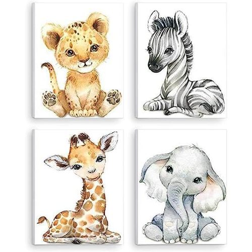 Kiddale Baby Watercolor Animals Wall Art Prints Set of 4 (8x10),Tiger Elephant Zebra Giraffe Safari Animals Pictures Nursery Decor Art,Stretched and Framed Ready to Hang