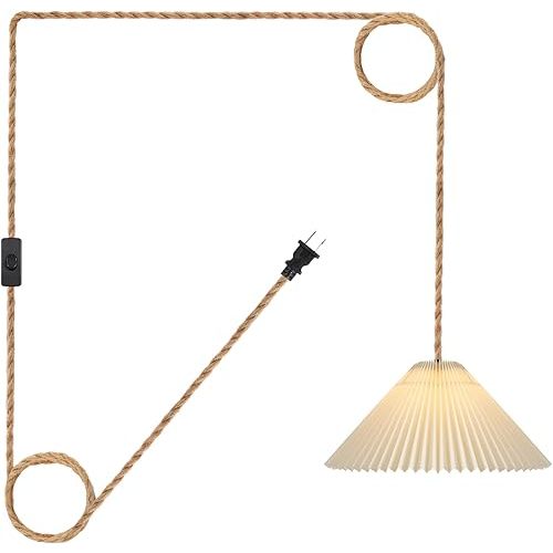 Plug in Pendant Light,15ft Hemp Rope Cord and On/Off Switch with Creamy White Pleated Lamp Shades Hanging Lights Fixture for Living Room Bedroom Kitchen Island Dining Room