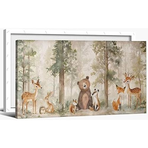 Large Frame Woodland Animal Nursery Canvas Wall Art Wild Animal Forest Painting Picture Wall Decor Fox Bear Deer Watercolor Poster Printing Artwork for Boys Room Girls Room Home Decoration 24x12"