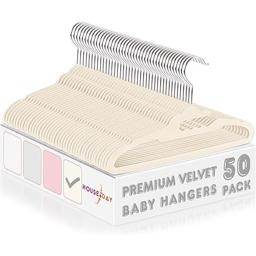 HOUSE DAY Premium Kids Velvet Hangers 11.4 Inch 50 Pack, Non Slip Velvet Baby Clothes Hangers for Closet, Slim Children's Hanger Space Saving on Toddler Organization, Ivory