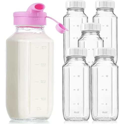 16 Oz Square Glass Milk Bottles with A Silicone Cover, 6 Pack Glass Bottles for Juicing with Airtight Lids, Glass Drinking Bottles with Lids and Scale Mark, Breast Milk Storage Jug Easy to Carry