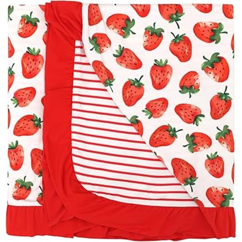 Premium Baby Blanket for Girls, Stretchy Quilt, Soft Crib Bedding for Newborn Baby and Toddler, Ruffle Nursery Blanket for Kids, Viscose Made from Bamboo, 50''x50'' Strawberry