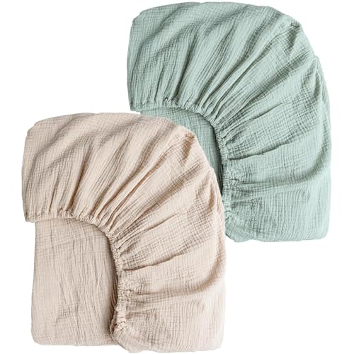 Konssy 2 Pack Muslin Crib Sheets for Standard Crib Mattress, 52" x 28" | 100% Cotton, Soft & Breathable, 360° Elastic Snug Fit, Solid & Printed Designs for Baby Girls & Boys (Green,Cream)