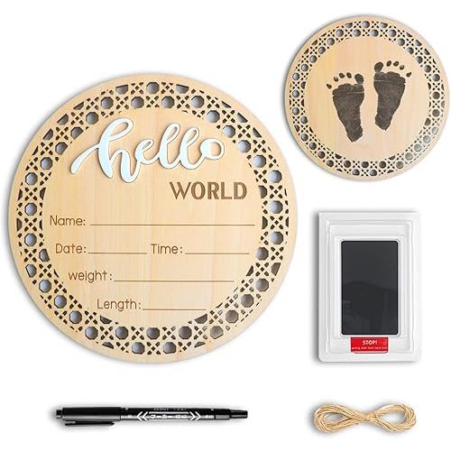 Baby Birth Announcement Sign with Marker Pen, Wooden Hello World Newborn Sign with Ink Pad for Baby Hand and Footprints, Double-sided Newborn Announcement Sign for Shower Photo Prop Keepsakes (White)