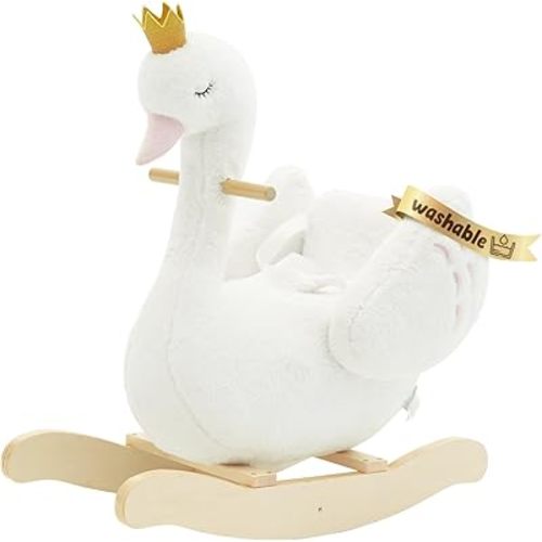 labebe Kids Rocking Horse White Swan, Stuffed Animal Wooden Rocker for Children 6 Months Boys and Girls/Nursery Christmas, Birthday Gift (Removable and Washable)