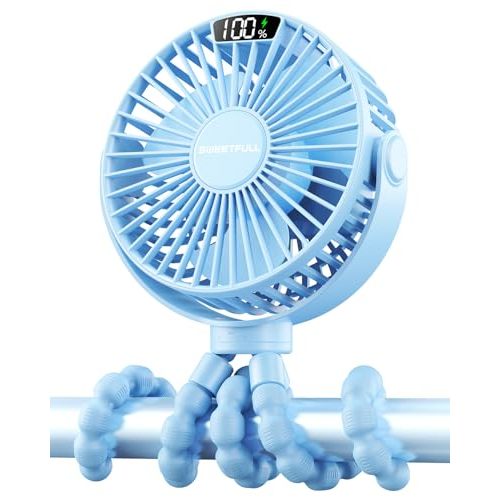 SWEETFULL Portable Stroller Fan with LED Display, 4 Speed Rechargeable Mini Clip On Fan, 360° Rotate Flexible Tripod Better Cooling Small Baby Fan for Car Seat Crib Travel Bike Treadmill (Blue)