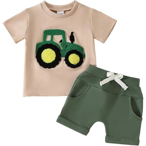 Toddler Baby Boy Summer Clothes Embroidered Farm Tractor Shirt and Short Set 2-Piece Outfits for Boys