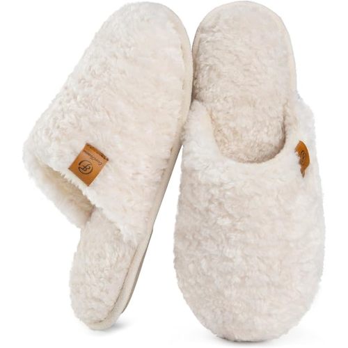 Size 9-10 - Cream White - EverFoams Women's Fuzzy Slip-on Slippers Warm Cozy Soft Lightweight Memory Foam Indoor House Shoes