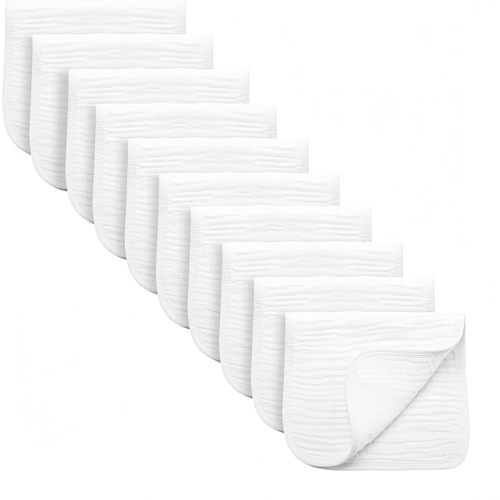 Synrroe Burp Cloths Large, Muslin Burp Cloths for Baby Girls and Boys, Pack of 10 Extra Absorbent and Soft Muslin, 6 Layers 20 by 10 Inches 100% Cotton (White 10 Pack)