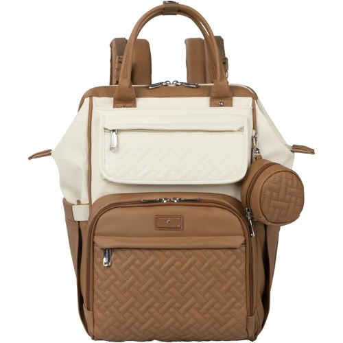 BabbleRoo Leather Diaper Bag Backpack, Multifunction Large Bags with Changing Pad & Stroller Straps & Pacifier Case, Unisex Stylish Travel Back Pack Nappy Changing Bag for Moms Dads (Caramel Cream)