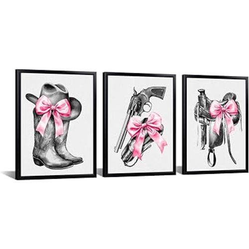 KREATIVE ARTS Cowgirl Wall Art Set of 3 Pink Boots Hat Saddle Bow Print Canvas with Black Frame Teen Girl Room Decor Western Aesthetic Dorm Bedroom Wall Art 12x16 Inch