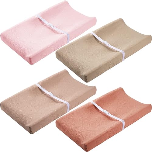 Mixweer 4 Pack Muslin Changing Pad Cover Soft Breathable Cotton Diaper Changing Table Pad Cover Table Sheets for Baby Boys Girls, Fit 2 Sizes(Fresh Color)