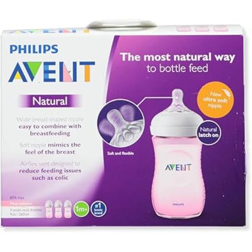 Philips Avent SCF013/38 Natural Baby Bottle, Pink, 9oz, 3pk