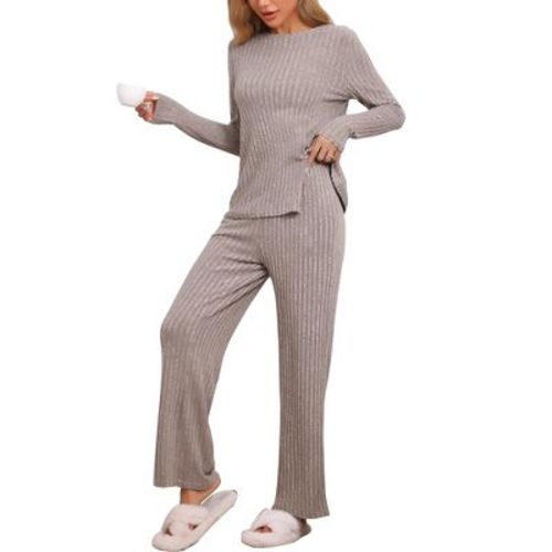 cheibear Women's Crewneck Soft Long Sleeve with Pocket Pajamas Set Brown Small