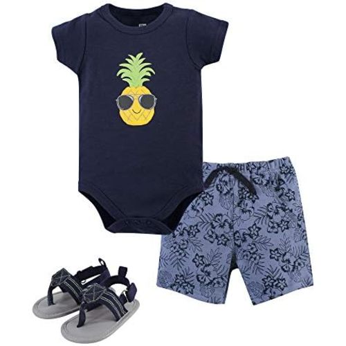 Hudson Baby Unisex Baby Cotton Bodysuit, Shorts and Shoe Set